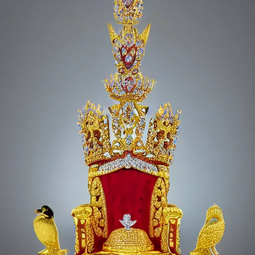 Prompt: a real duck king sitting on a gold throne decorated with many rubies and diamonds, duck king is wearing a gold crown and gold necklace, super realistic, 4k