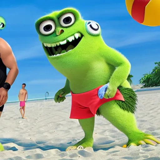 Image similar to Mike Wazowski and Sully playing beach volleyball, bikini, sandy beach,
