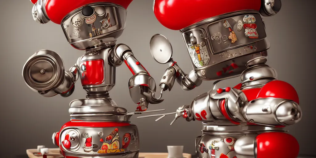 Image similar to closeup portrait of tin toy retro robot chef cooking pastry in a kitchen, depth of field, zeiss lens, detailed, centered, fashion photoshoot, by nicoletta ceccoli, mark ryden, lostfish, breathtaking, 8 k resolution, extremely detailed, beautiful, establishing shot, artistic, hyperrealistic, octane render