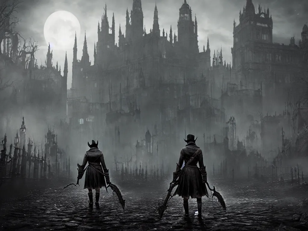 Image similar to bloodborne 2, dark, nighttime, victorian england style, horror, grotesque, serene, haunting, heavy atmosphere, claustrophobic, insanity, High Definition detail, 8K