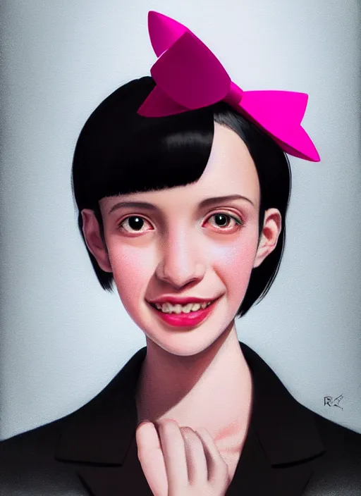 Image similar to portrait of high school girl, realistic, black hair, bangs, half updo hairstyle, pointy nose, skinny, smile, ugly, defined jawline, big chin, pink hair bow, earrings, intricate, elegant, glowing lights, highly detailed, digital painting, artstation, sharp focus, illustration, art by wlop, mars ravelo and greg rutkowski