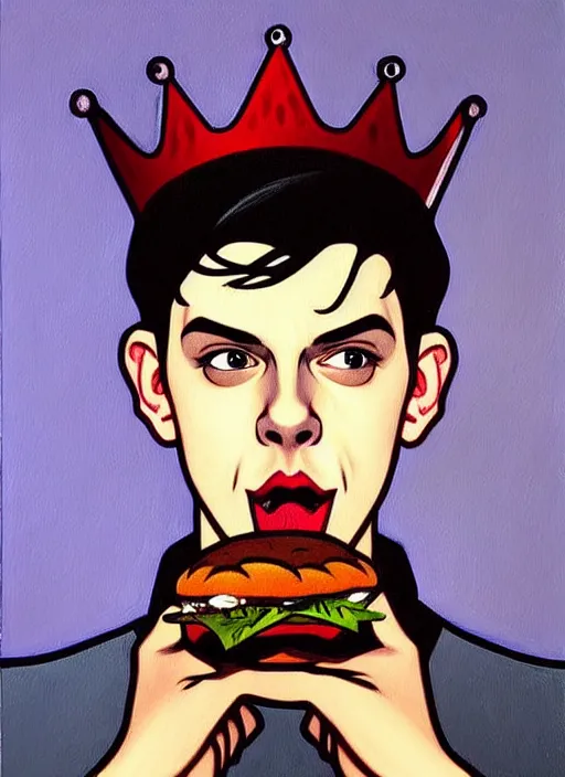 Image similar to oil painting, jughead jones wears a grey crown, and devours a hamburger, intricate, elegant, highly detailed, lighting, painting, artstation, smooth, illustration, art by greg rutowski and alphonse mucha