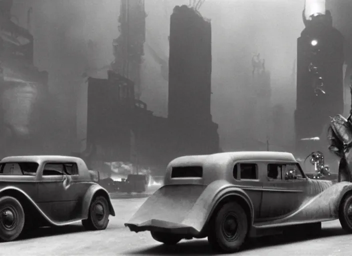 Image similar to scene from the 1932 science fiction film Blade Runner with the main character standing next to a vehicle