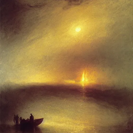 Prompt: a sailor boat burning in a distance fog during a storm, by william turner, by beksinski, by caspar david friedrich, oil painting, romantism, realism, limited palette