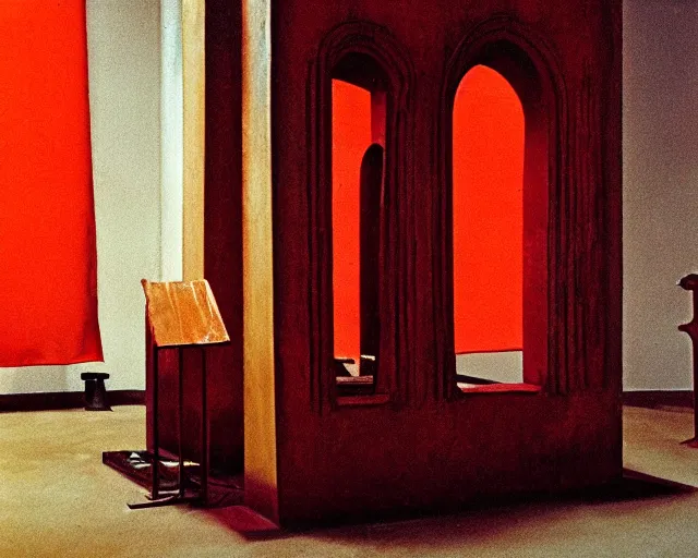 Image similar to by francis bacon, vivian maier, mystical redscale photography evocative. religious relics of the scarlet woman, displayed on an altar, luxury, opulence