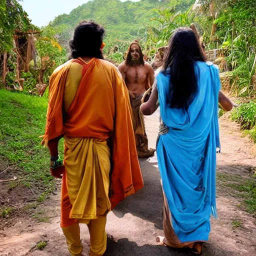 Prompt: jesus dressed as a hindu god, walking with lord shiva in a village