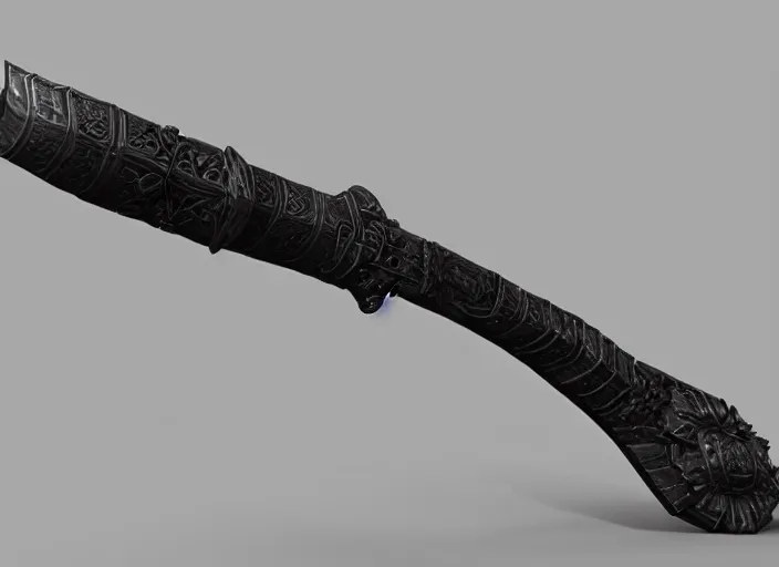 Image similar to a black long sword skull crest, orthographic, ornament, weapon, a 3 d render by dom qwek, front side views full, trending on polycount, artstation, hard surface modeling, rendered in maya, 3 ds max, blender, hd, vray