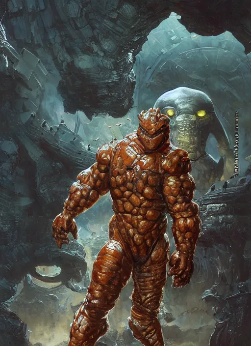 Prompt: brock lesnar as salamander wearing scifi armour suit, dynamic action, by lawrence alma - tadema and zdzislaw beksinski and norman rockwell and jack kirby and tom lovell and greg staples, artstation creature art