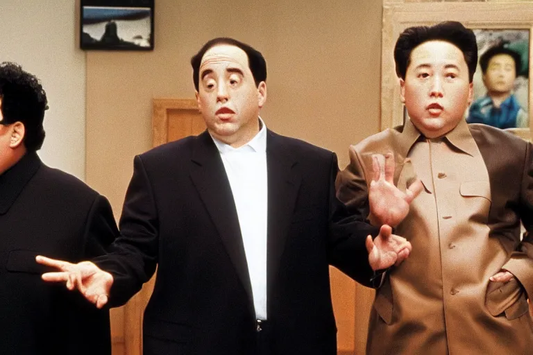 Image similar to Scene from Seinfeld where Jerry Seinfeld confronts Kim Jong-un