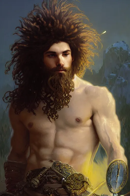 Prompt: portrait of a beautiful young fit male barbarian with curly hairs, wearing a fur armor, luminous scene, by elmore, greg rutkowski and alphonse mucha, d & d character, gradient white to yellow, in front of a ruined temple background, highly detailed portrait, digital painting, artstation, concept art, smooth, sharp focus ilustration, artstation hq