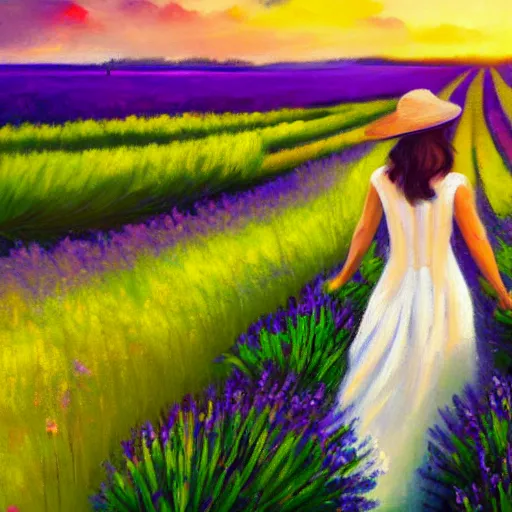 Prompt: Behind woman in white dress crossing a lavender field in sunset, beautiful oil painting