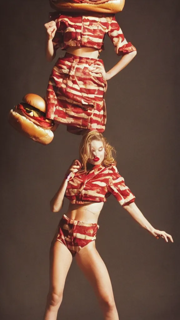 Image similar to 9 0 s fashion photoshoot with a woman dressed as a burger