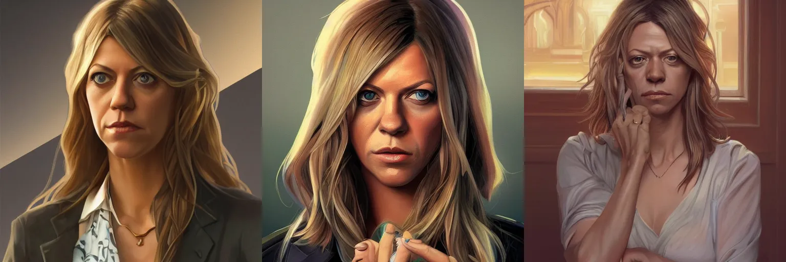 Prompt: portrait of Kaitlin Olson as a detective, highly detailed, digital painting, artstation, concept art, sharp focus, illustration, art by artgerm and greg rutkowski and alphonse mucha