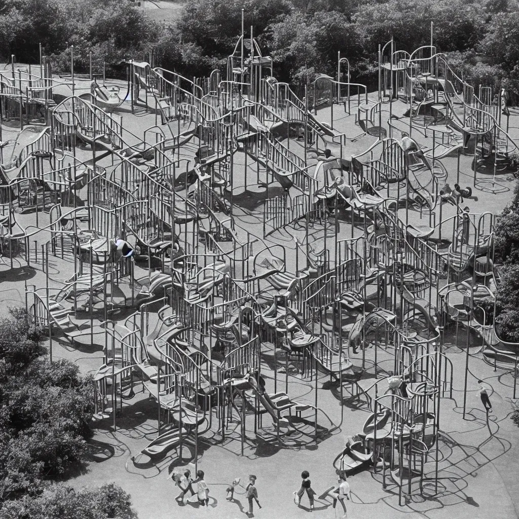 Prompt: 1 9 7 0 s photo of a vast incredibly - large complex tall many - level playground in a crowded schoolyard. the playground is made of wooden planks, rubber tires, metal bars, and ropes. it has many spiral staircases, high bridges, ramps, balance beams, and metal tunnel - slides. highly - detailed high - resolution photograph.