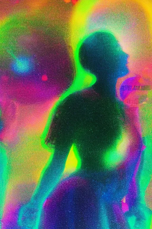 Prompt: human silhouette, large diffused colorful glowing aura, long exposure, film grain, cinematic lighting, maximum detail, art by janice sung