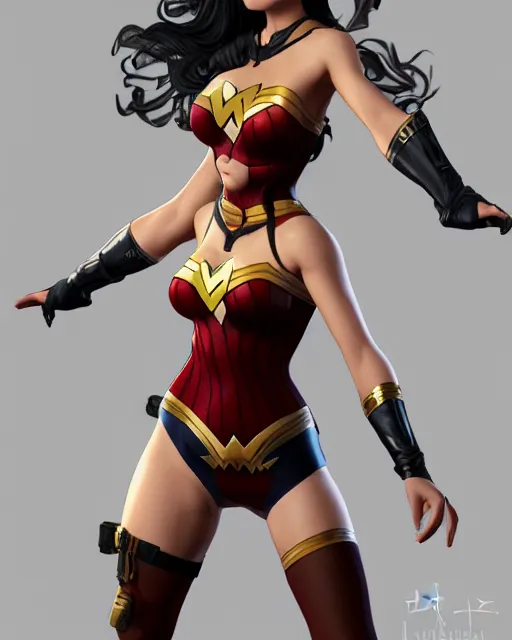 Image similar to stylish cute wonderwoman portrait crouching hd sharp 3d model vray render in Pixar squareenix GTA game anime manga toriyama Miyazaki style trending on artstation pixiv skeb