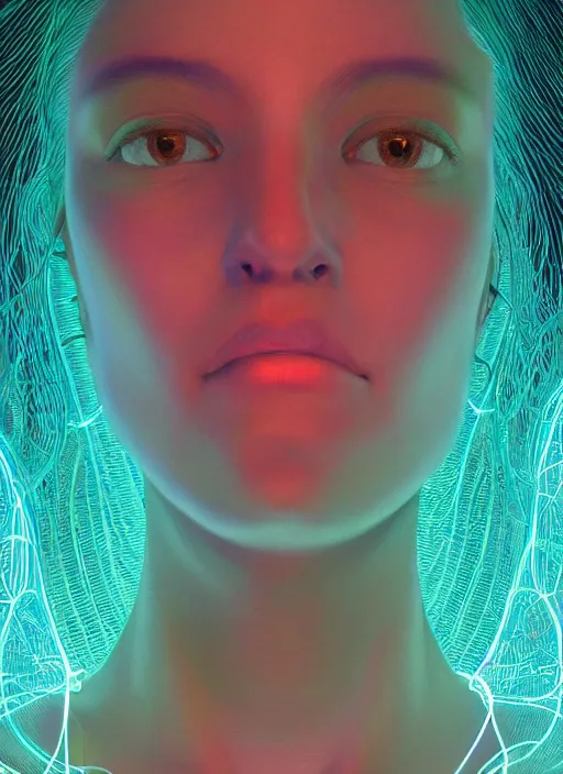 Image similar to woman, portrait close-up, neon, RGB, glowing wires everywhere, pristine, by Edgar Maxence and Ross Tran, Zdzisław Beksiński, and Michael Whelan, distant, gustav dore, H.R. Giger, 8k, octane render