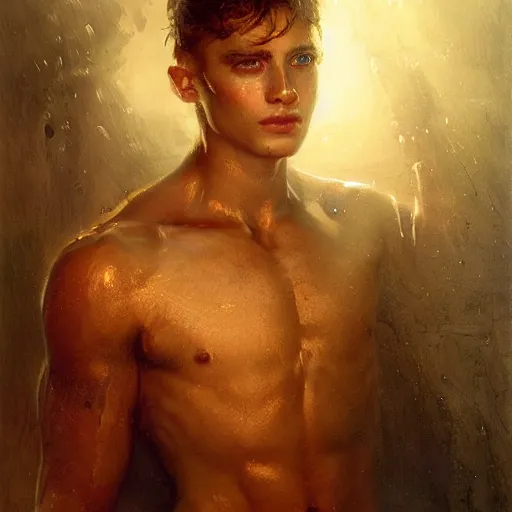 Image similar to handsome portrait of a young guy fitness posing, war hero, cunning, radiant light, caustics, reflective water, by gaston bussiere, bayard wu, greg rutkowski, giger, maxim verehin