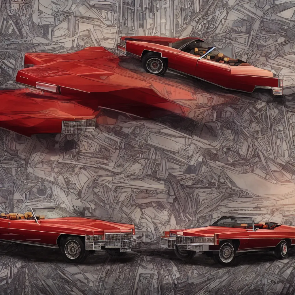 Prompt: imposing symmetrical picture, one single red 1975 cadillac eldorado convertible car as a grand theft auto 5 loading screen, symmetry, front view, intricate, studio, art by anthony macbain + greg rutkowski + alphonse mucha, concept art, 4k, sharp focus