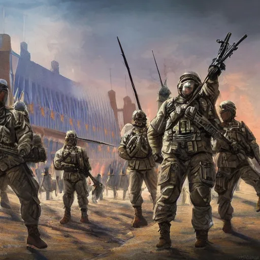 Prompt: army of the european union invades budapest 2 0 2 2, highly detailed painting, digital painting, artstation, concept art