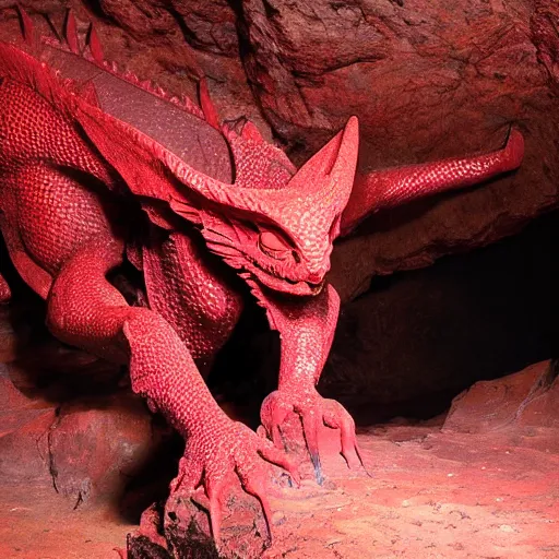 Image similar to photo of an ancient red dragon sitting menacingly in a cave