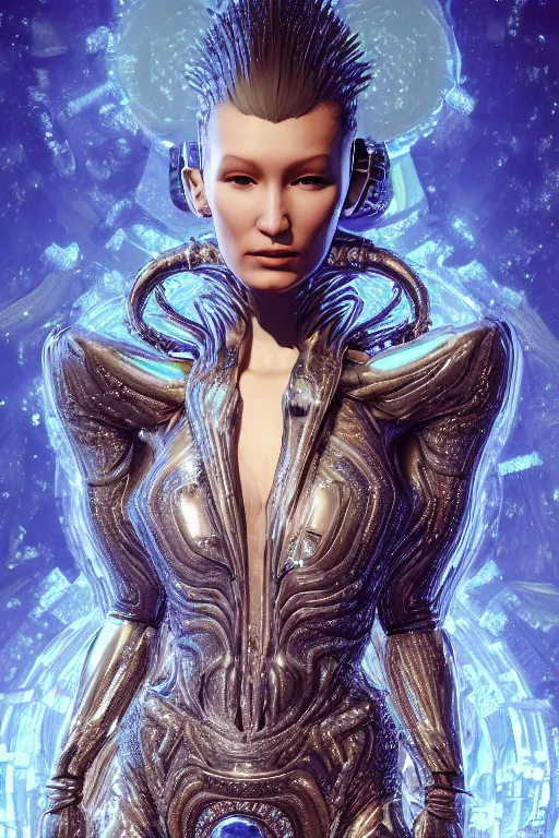 Image similar to a highly detailed metahuman 4 k render of an alien cyberpunk goddess bella hadid in iris van herpen dress schiaparelli in diamonds swarovski and jewelry in style of alphonse mucha gustav klimt trending on artstation made in unreal engine 4