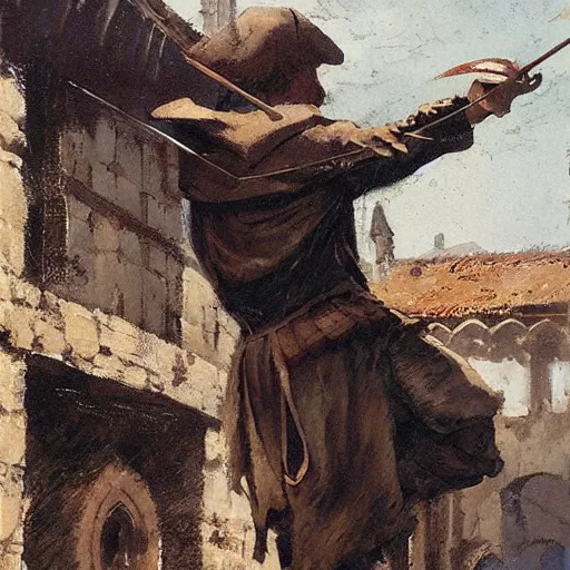 Prompt: man in medieval clothes aiming a bow by craig mullins, greg manchess, bernie fuchs, walter everett, lost edges