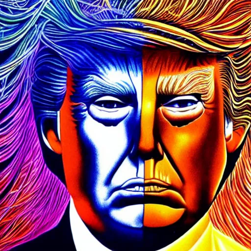 Image similar to alex grey illustration of Donald trump with psychedelic visions expanding outward from his mind