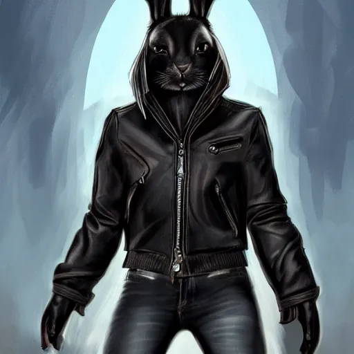 Prompt: A bunny with a small head wearing a leather jacket and leather jeans and legant leather gloves, trending on FurAffinity, energetic, dynamic, digital art, highly detailed, FurAffinity, high quality, digital fantasy art, FurAffinity, favorite, character art