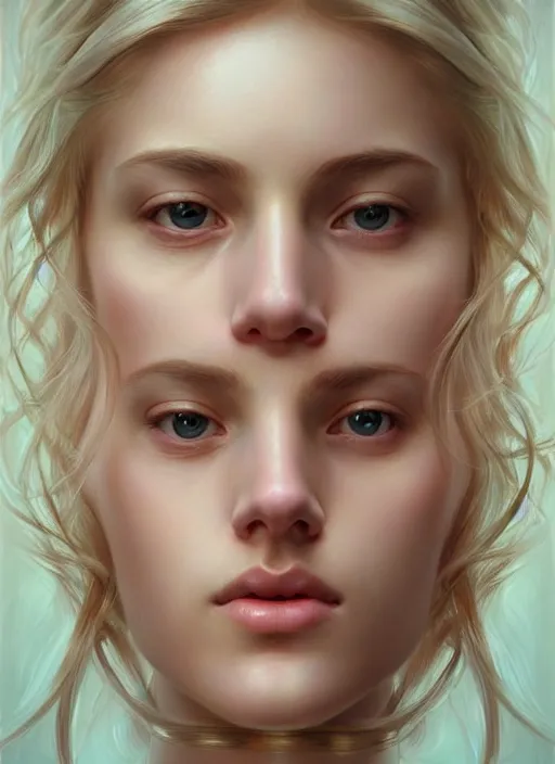 Image similar to beautiful symmetrical face, portrait of young woman blessed with ever - increasing physical and mental perfection, realism, blonde hair, perfect face!! intricate, elegant, highly detailed, vision of holy perfection!! digital painting, artstation, concept art, smooth, sharp focus, illustration, humanity, art by artgerm and greg rutkowski and alphonse mucha