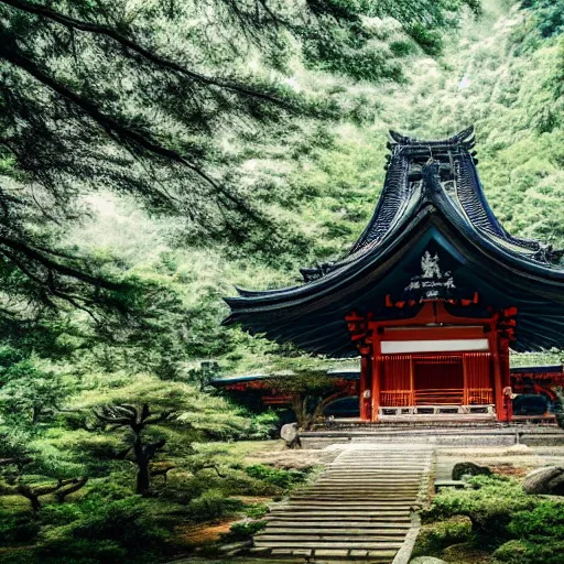 Prompt: giant japanese temple in the mountains, rocks, trees, beautiful natural light, cinematic, amazing