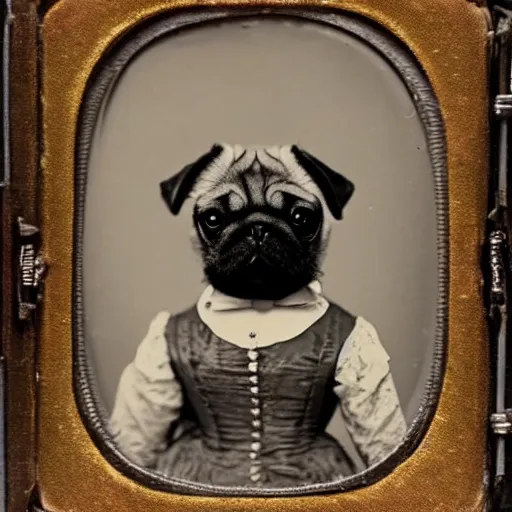 Image similar to daguerreotype portrait of a pug wearing a victorian dress