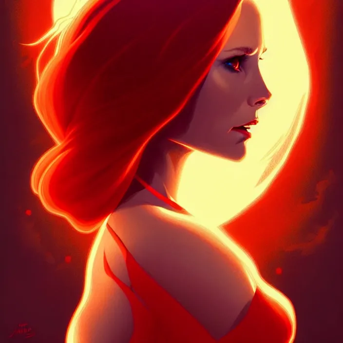 Image similar to style artgerm, joshua middleton, beautiful kristen bell with dark red dress, very long orange hair, symmetrical face, symmetrical eyes, fire powers fire swirling, detailed, volcano setting, cinematic lighting