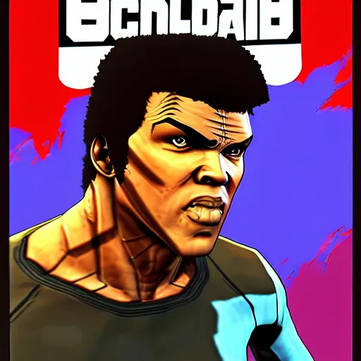 Prompt: [ muhammad ali ] cel - shaded like borderlands in the style ( gta poster art ) by andreas rocha and greg manchess 8 k character portrait