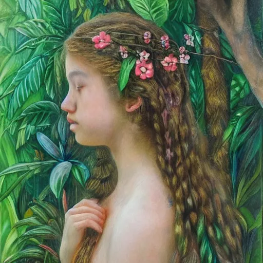 Image similar to a girl in a jungle smelling flowers, her hair flowing down, subtle, intricate details, real masterpiece, oil on canvas, by somsak anong