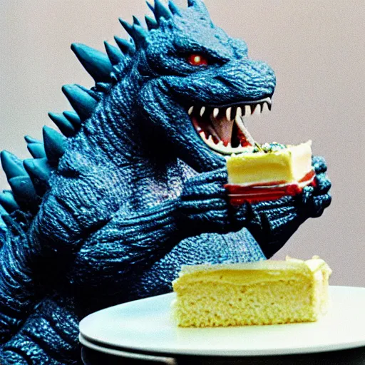 Image similar to godzilla eating a piece of cake