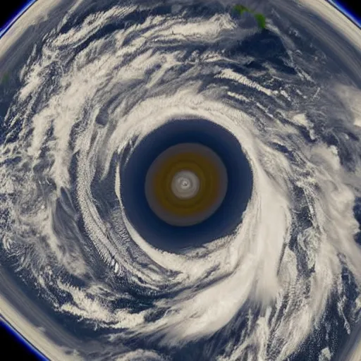 Image similar to ultra detailed zoomed in photo satellite view of a saturn size hurricane swallowing earth