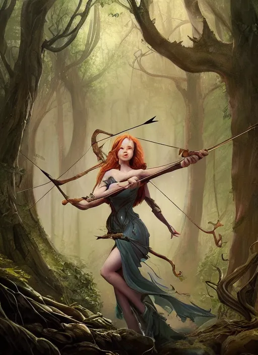 Prompt: A beautiful digital painting of a lovely princess in the mirkwood forrest holding a bow and arrow looking at the camera by Stanley Artgerm Lau, frank frazetta, Rossdraws, James Jean, gerald brom, Andrei Riabovitchev, Marc Simonetti, and Sakimichan, trending on artstation