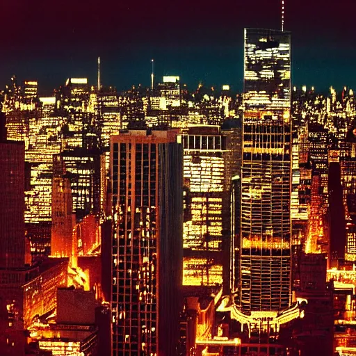 Image similar to Skyline of New York City during the 1980s, cinematic, night, vast, photorealistic, beautiful,