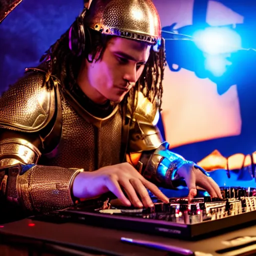 Image similar to photograph of a dubstep dj in holy knight armor djing during a medieval party, 8 k resolution, high detail