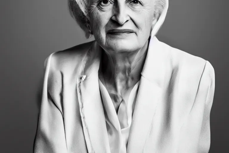 Image similar to a realistic studio cinematic headshot portrait of a beautiful old woman, wearing futuristic white suit, ceo, 4 k, ultra realistic, dramatic lighting, vogue, fashion, by annie leibovitz