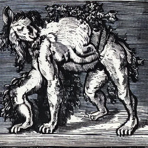 Prompt: the beast of the back, 17th century woodcut