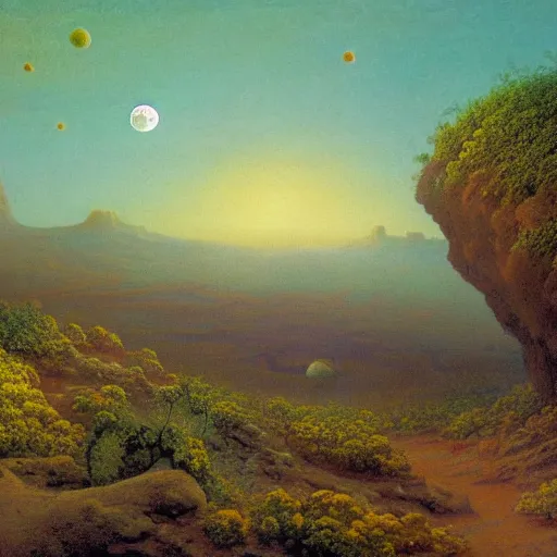 Image similar to a landscape on the moon with many craters, barren moon landscape, in a big crater at the center there is a beautiful flowering garden, 8 k, in the style of martin johnson heade and daniel merriam and roger dean,