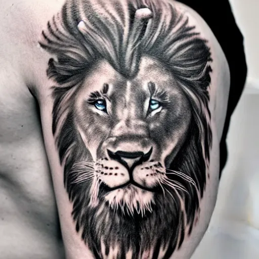 Image similar to black and white tattoo of a lions head with blue eyes and shadows