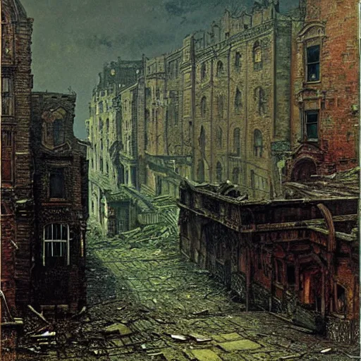 Prompt: the dead city, ruined buildings like broken teeth, John Atkinson Grimshaw