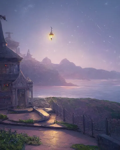 Image similar to over the shoulder landscape painting of violet evergarden, behind are distant lights from an old european city, next to the reflecting ocean, nighttime, by Philipp A. Urlich and Pengzhen Zhang and Andreas Rocha, fantasy, intricate, elegant, highly detailed, digital painting, artstation, blender, unreal engine 5, octane render, smooth, sharp focus, illustration