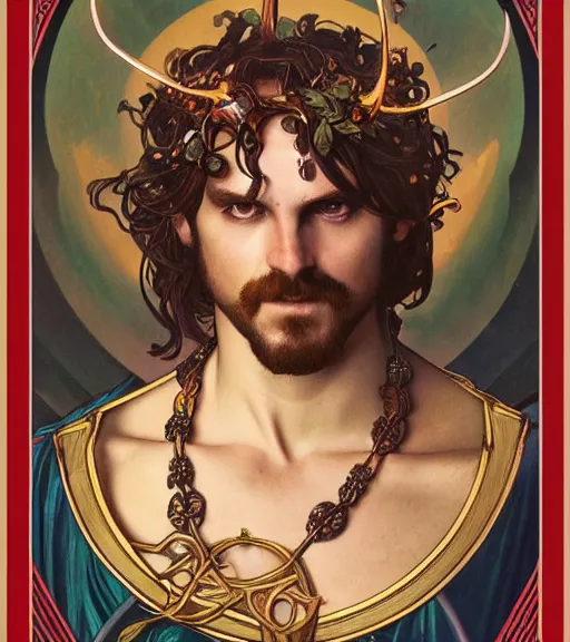 Image similar to a tarot card portrait of dionysus, realistic, 8 k, by greg rutkowski, artgerm, alphonse mucha, ornate, vines as jewelry, symmetry, sharp focus