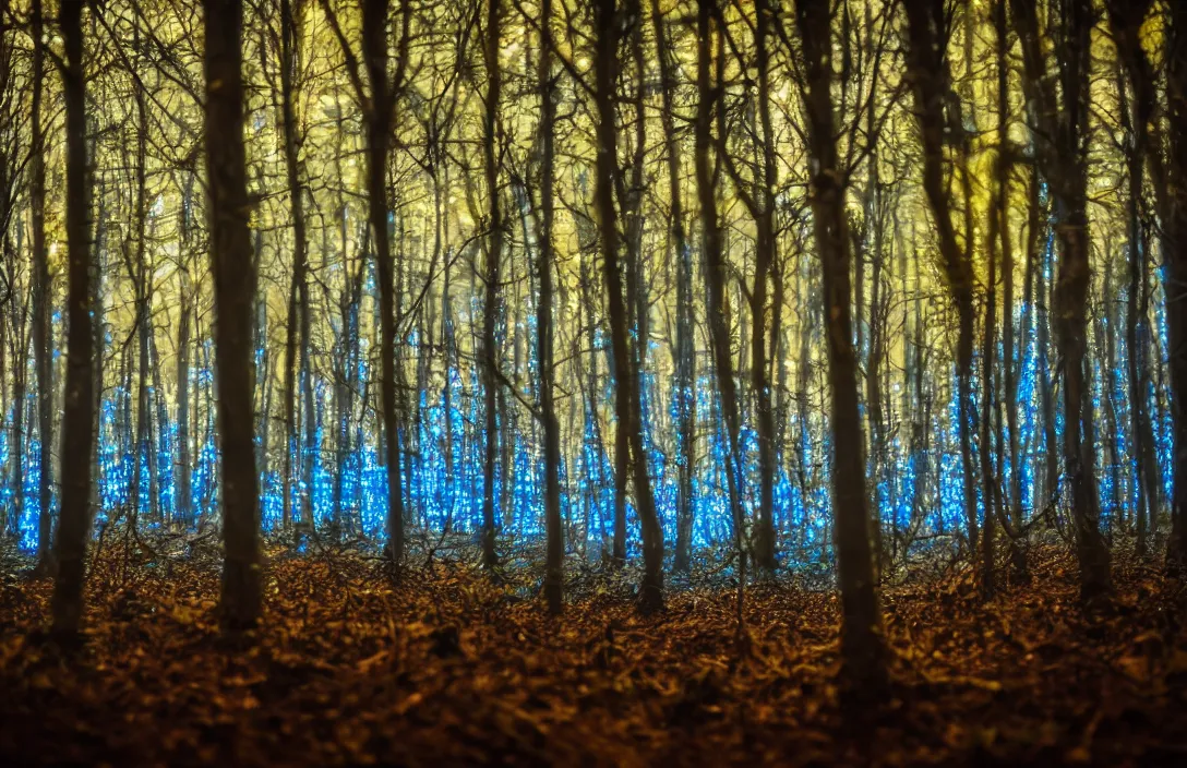 Image similar to blue forest, glowing mushrooms, sigma lens, strong bokeh, photography, highly detailed, 8 5 mm, f / 1. 3, fog, dusk