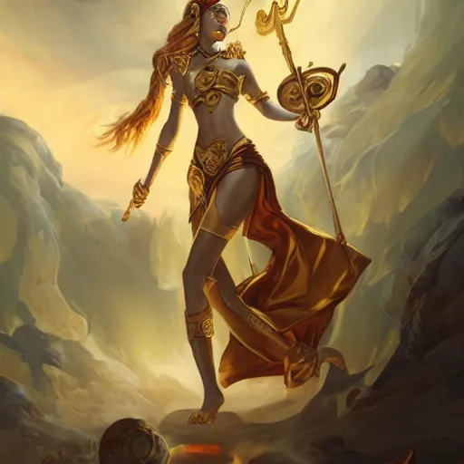 Image similar to Athena of Abyssinia in gold, defeats Chronos with throwing disc, by Peter Mohrbacher:5 Trending on Artstation:5