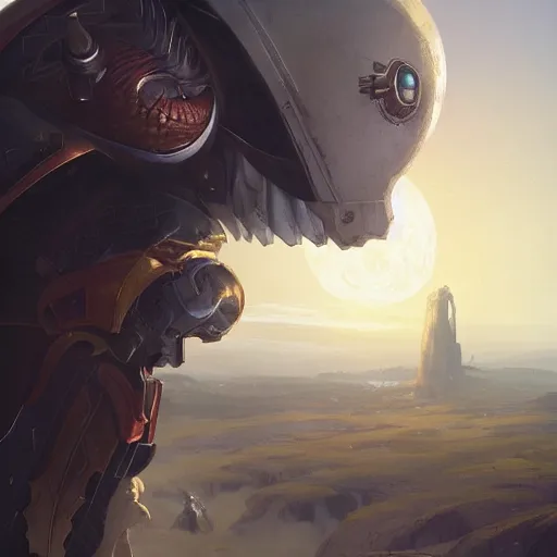 Prompt: A Hunter from Destiny overlooking the Last City with a giant white sphere in the sky, D&D, highly detailed, digital painting, artstation, concept art, sharp focus, illustration, art by artgerm and greg rutkowski and alphonse mucha